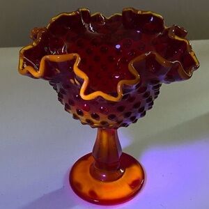 Vintage Fenton Glass Red Amberina Hobnail Compote Pedestal Candy Dish